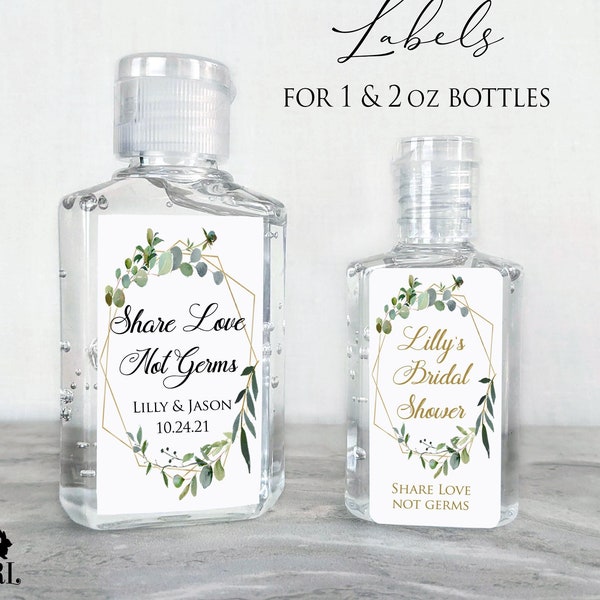 Printed Custom Favor Labels for Small Hand Sanitizer Bottles - Fits many 1oz & 2oz Bottles / Greenery in Geometric Shape / GG18