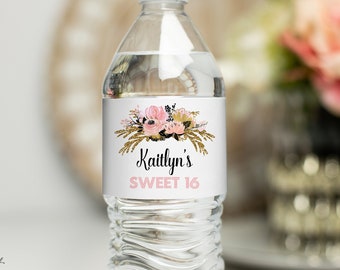 Printed Personalized Water Bottle Labels - Wedding Favors 2"x8.5" self-stick / Gold, Pink and Black Bouquet / GP21