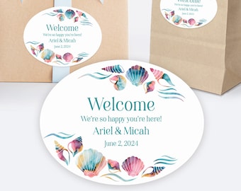 Printed Oval welcome bag and box custom stickers for wedding gifts, hotel baskets and party favors / Modern Sea Shells / MS24