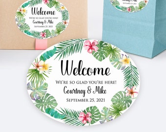 Printed Oval welcome bag and box custom stickers for wedding gifts, hotel baskets and party favors / Tropical Flower Stickers / TP19