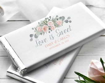 Printed Labels for Full Size Candy Bar Chocolate Bar Stickers Wedding Favor - Rose Gold Eucalyptus Bouquet - Personalized Candy Bar RE19