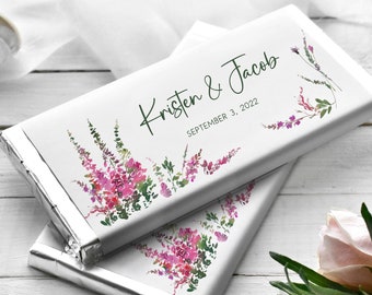 Printed Labels for Full Size Candy Bar Chocolate Bar Stickers Wedding Favor - Emerald and Fuchsia Blooms - Personalized Candy Bar EF22