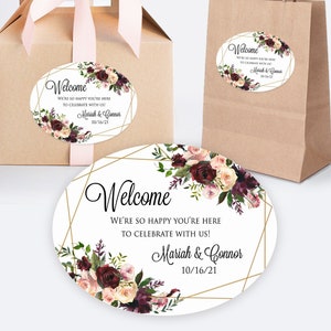 Printed Oval welcome bag and box custom stickers for wedding gifts, hotel baskets and party favors / Fall Burgundy Blush Roses Geo BF18