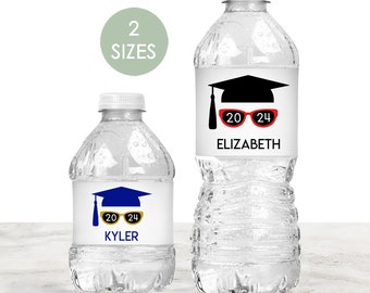 Printed Water Bottle Labels / Custom Stickers for Favors at Parties / Waterproof 2 Sizes / Sunglasses with Year and Grad Hat / SG24