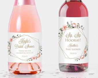 Printed Custom Stickers for Mini Wine or Mini Champagne Bottles - 2 sizes - Bridal Showers, Wedding Favors / Pink Flowers in Geo / PG19