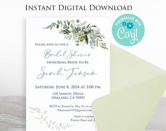 Instant Download Invitation Template, Bridal, Baby, Birthday, Party. Edit in Corjl and Print - Greenery Bouquet GE20