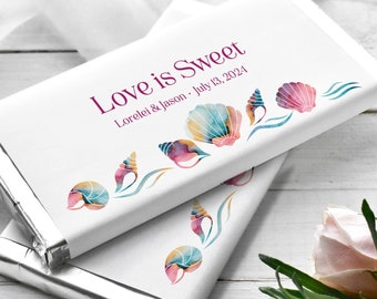 Printed Labels for Full Size Candy Chocolate Bar Stickers Wedding Favor - Modern Sea Shells Watercolor - Personalized Candy Bar MS24