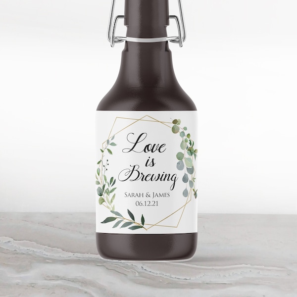 Personalized Printed Beer Bottle Labels - 100% Waterproof - Wedding Favors 4"x3" Greenery Wreath Geometric Shape - GG18