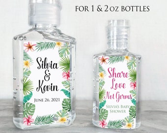 Printed Custom Favor Labels for Small Hand Sanitizer Bottles - Fits many 1oz & 2oz Bottles / Tropical Flowers / TP19