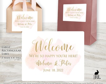 Printed Rectangular welcome bag and box custom stickers, 2 Sizes, wedding gifts, hotel baskets, party favors / Watercolor wash / WC19