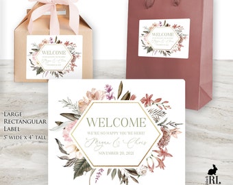 Printed Rectangular welcome bag and box custom stickers, 2 Sizes, wedding gifts, hotel baskets, party favors / Bohemian Large Blooms / BH21