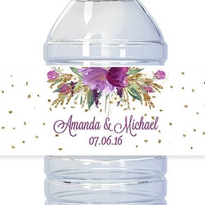 Printed Personalized Water Bottle Labels - Wedding Favors, Bridal Shower, Favor / 2x8.5 self-stick labels / Purple Flower Bouquet / MP18