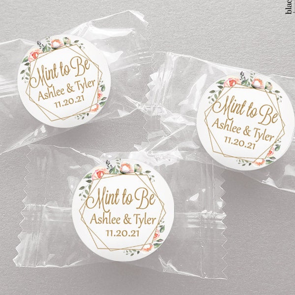1 inch round custom stickers for wedding favors, bridal shower, mint to be, Pink Flowers in Gold Geometric Shape / PG19