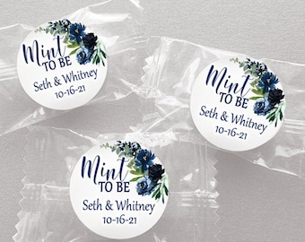 Printed 1 inch round custom stickers for wedding favors, bridal shower, mint to be, Navy Flowers and Greenery Stickers NW19