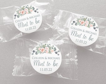 Printed 1 inch round custom stickers for wedding favors, bridal shower, mint to be, Blush Pink Roses in Eucalyptus / RE19