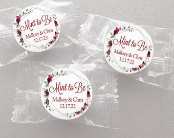 Printed 1 inch round custom stickers for wedding favors, bridal shower, Mint to Be Stickers, Burgundy Flowers in Silver Frame / RQ19