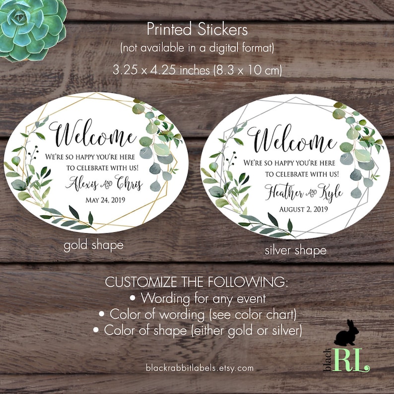 Printed Favor Label Wedding Welcome Box Sticker Gift Bag Label Hotel Gift Basket Oval Sticker Greenery in Geometric Shape GEOG18