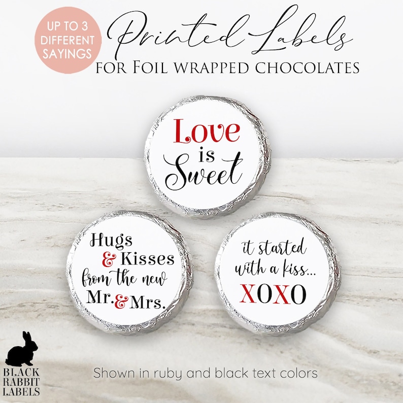 Printed Chocolate Kiss Stickers Personalized Wedding Favors, Bridal Shower, Custom candy label Simple, Modern Love is Sweet LV15 image 1