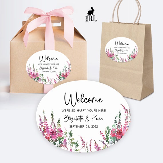 Oval welcome bag and box custom stickers for wedding gifts hotel baskets  and party favors / Pink 