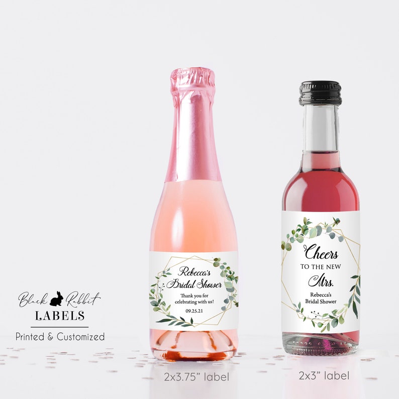 Printed Custom Stickers for Mini Wine or Mini Champagne Bottles 2 sizes Bridal Showers, Wedding Favors / Greenery Wreath in Geo/ GG18 image 1