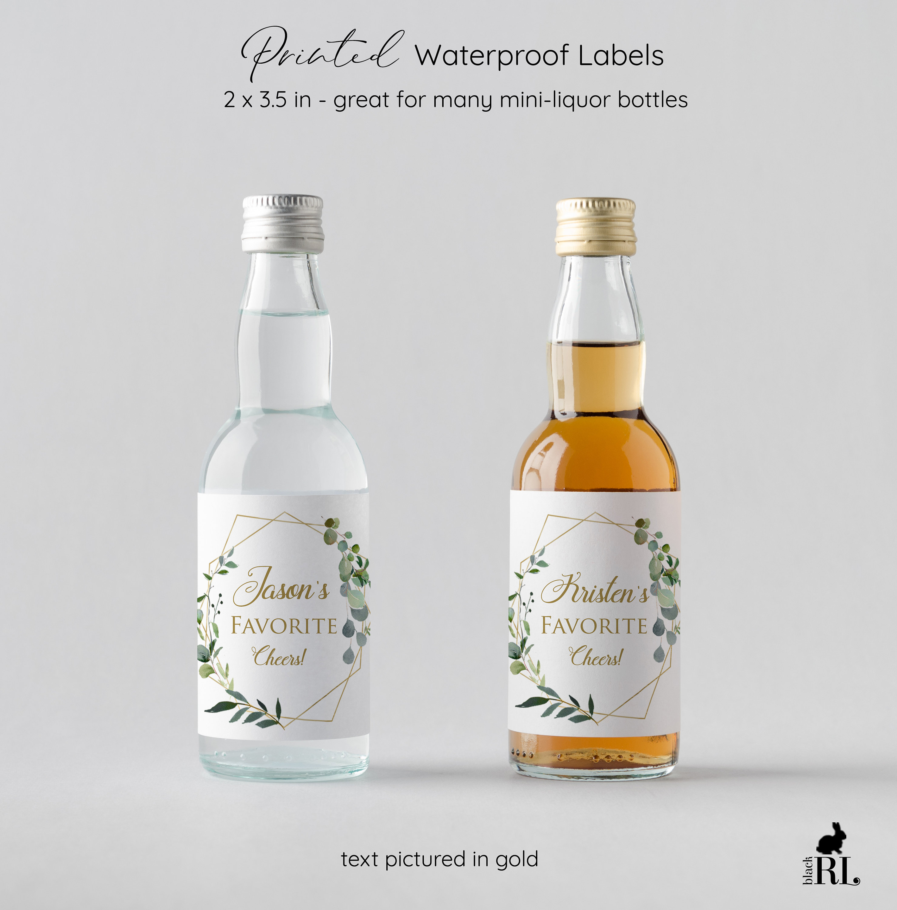 Greenery Wreath Geo Shape GG18 Personalized Mini Liquor Bottle Labels Printed Waterproof Favor Stickers 2 x 3.75 inches