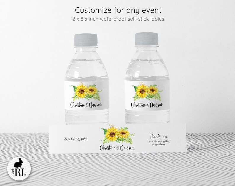 Printed Personalized, Custom Water Bottle Stickers for Wedding or Party Favors 2x8.5 self-stick labels / Sunflower Design / SF19 image 2
