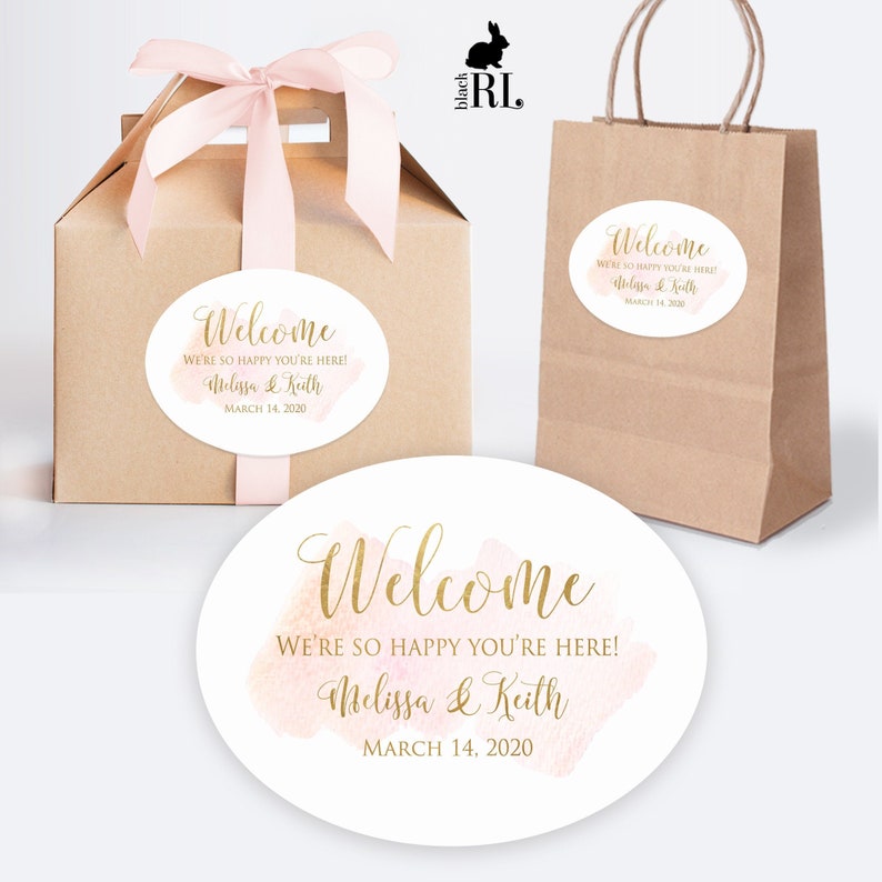 Printed Oval welcome bag and box custom stickers for wedding gifts, hotel baskets and party favors / Pink Watercolor wash Gold Script WC19 image 1