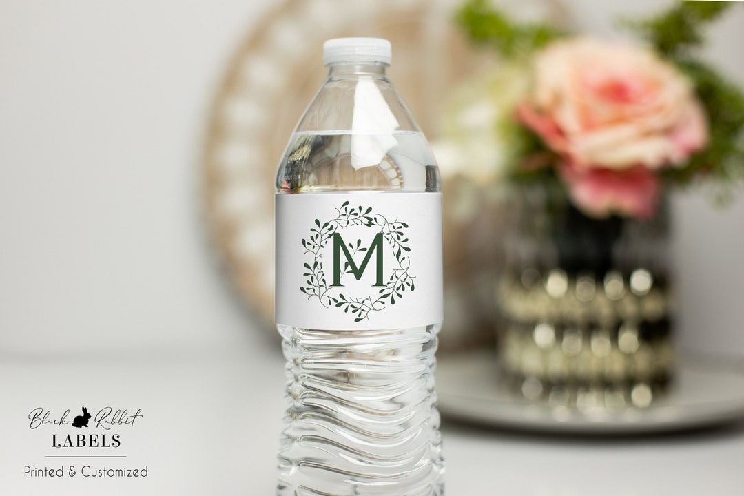 Printed Personalized Water Bottle Labels Wedding Favors 2x8.5 Selfstick / Leaf Monogram Design