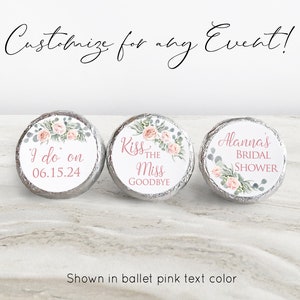 Printed Chocolate Kiss Stickers Personalized Wedding Favors, Bridal Shower, Custom candy label, Rose Gold Roses and Eucalyptus RE19 image 2