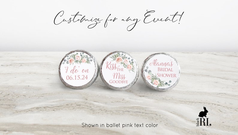 Printed Chocolate Kiss Stickers Personalized Wedding Favors, Bridal Shower, Custom candy label, Rose Gold Roses and Eucalyptus RE19 image 2