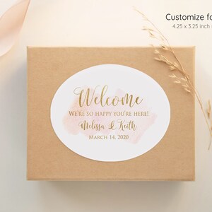 Printed Oval welcome bag and box custom stickers for wedding gifts, hotel baskets and party favors / Pink Watercolor wash Gold Script WC19 image 2