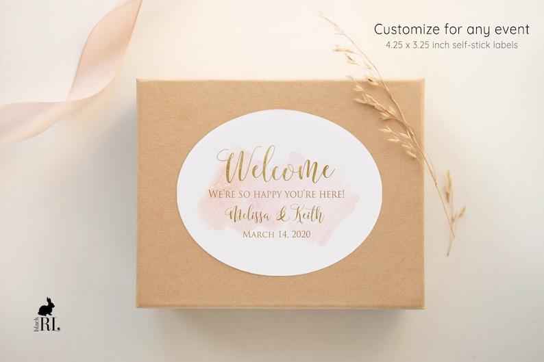 Printed Oval welcome bag and box custom stickers for wedding gifts, hotel baskets and party favors / Pink Watercolor wash Gold Script WC19 image 2