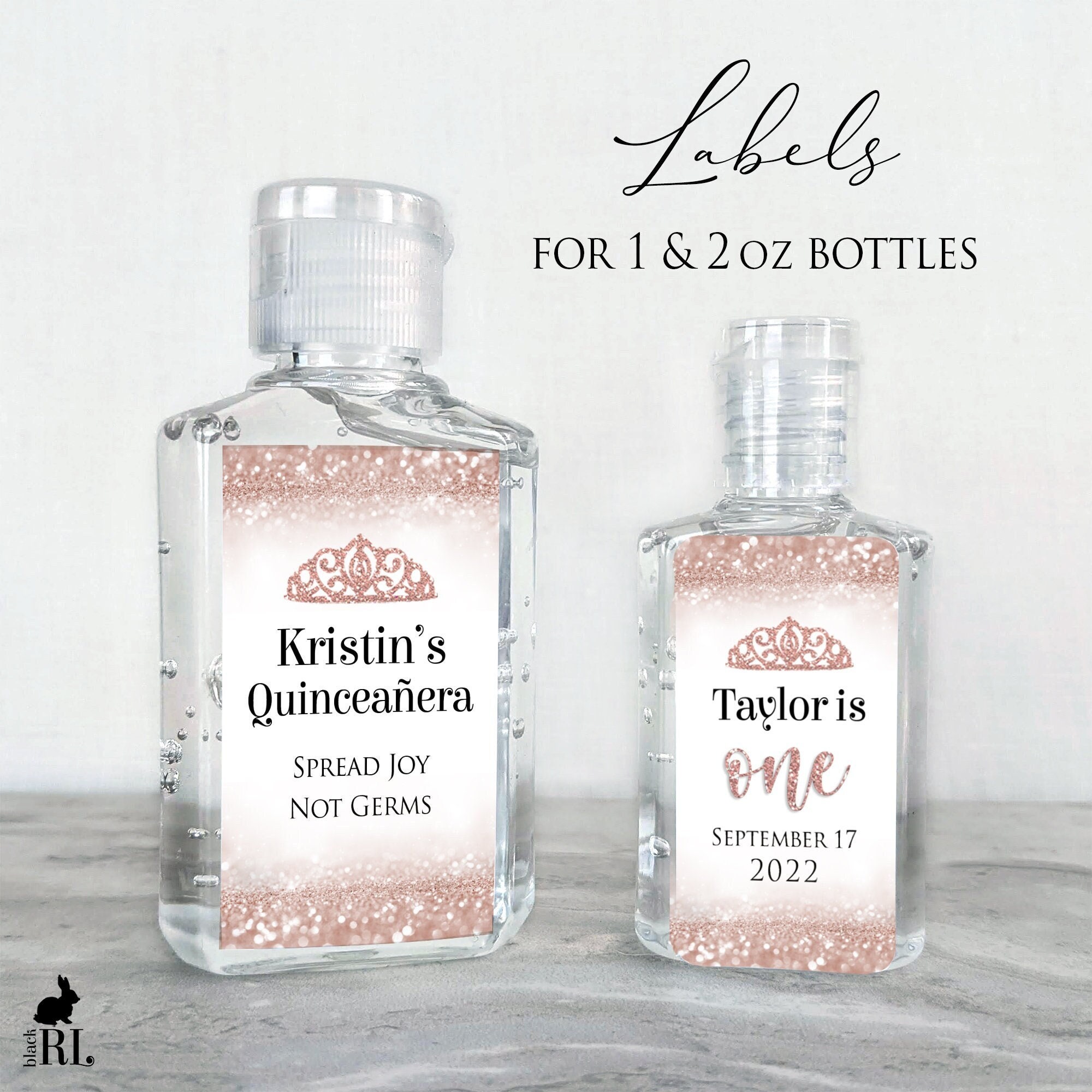 Printed Custom Favor Labels for Small Hand Sanitizer Bottles - Fits many 1oz & 2oz Bottles / Pink Glitter Crown Quince, Birthday / QC21