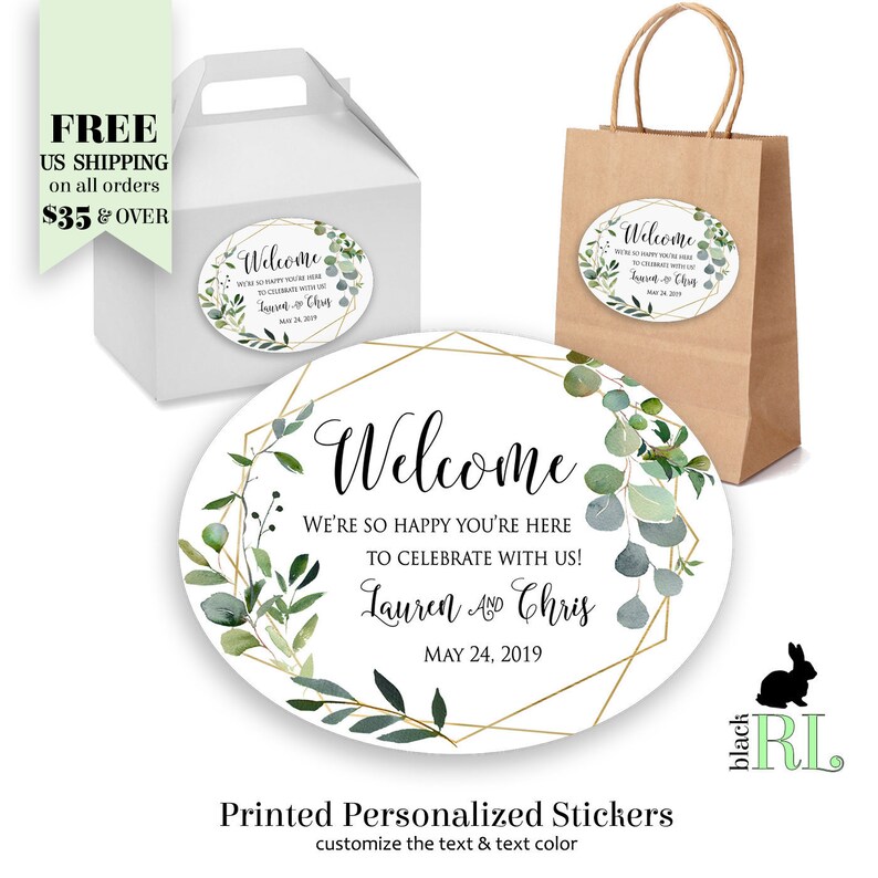 Printed Favor Label Wedding Welcome Box Sticker Gift Bag Label Hotel Gift Basket Oval Sticker Greenery in Geometric Shape GEOG18