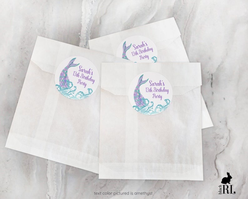 Printed Favor Label Mermaid in Waves Customized Labels Baby Shower Favor Birthday Party Favors 2 or 2.5 Circles MW21