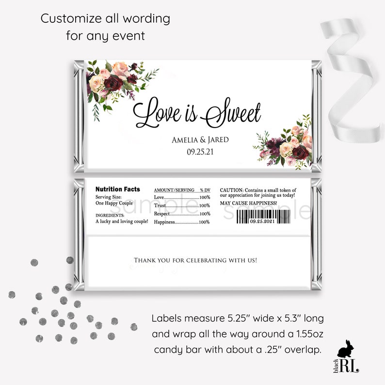 Printed Labels for Full Size Candy Bar Chocolate Bar Stickers Wedding Favor, Personalized Candy Bar / Fall Burgundy Blush Roses Geo / BF18 image 2