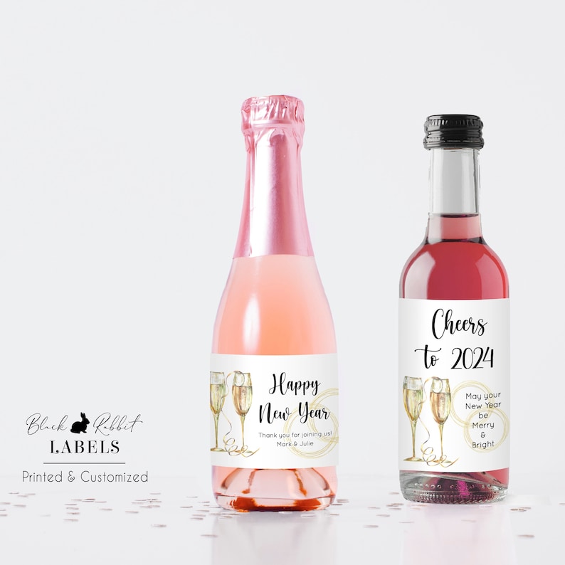 Printed Custom Stickers for Mini Wine or Mini Champagne Bottles 2 sizes New Year Holiday or Wedding Favors / Champagne Glasses / CH21 image 1