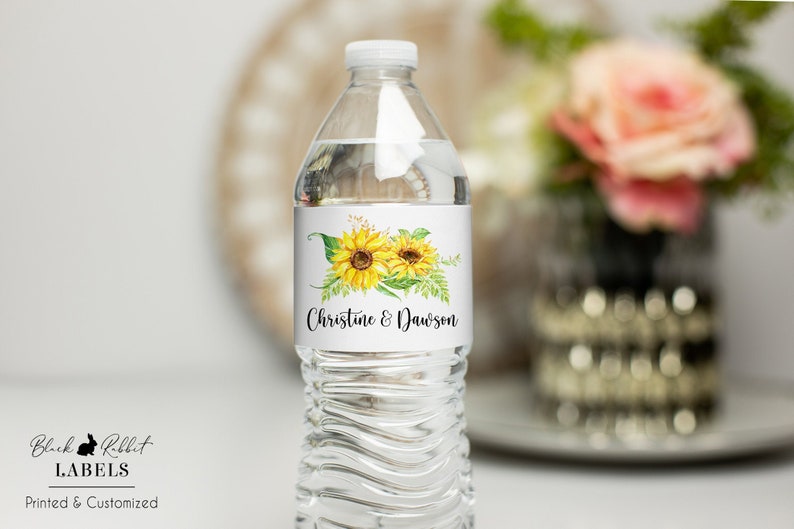 Printed Personalized, Custom Water Bottle Stickers for Wedding or Party Favors 2x8.5 self-stick labels / Sunflower Design / SF19 image 1