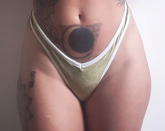 Olive green soft velvet VENUS thong. High cut sexy 80s retro style underwear. Comfort fit. Handmade to order lingerie gift for her