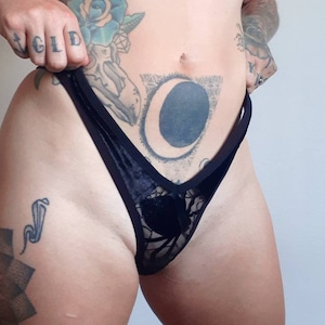 Handmade black velvet spiderweb thong. Sheer gothic lingerie made to order.