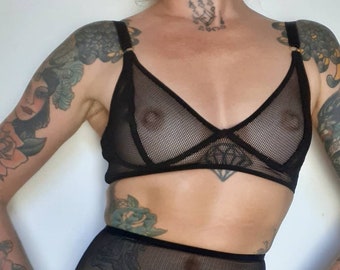 Black mesh TOUCH sheer bra. See thru wire free soft cup bralette. Custom sizing underwear. Handmade to order in your size sexy lingerie.