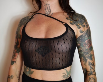 Black polka dot see thru BELLA mesh bra top. Sexy sheer crop underwear. Handmade to order lingerie in your size