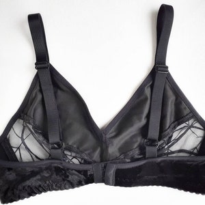 Black spiderweb bra. Velvet, mesh & pvc see thru goth soft cup bralette. Wire free handmade to order lingerie image 2