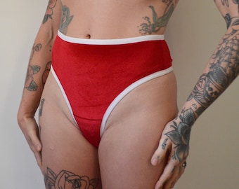 Red soft velvet FAITH high waist thong. Sexy underwear gift for her. Handmade to order lingerie in your size.