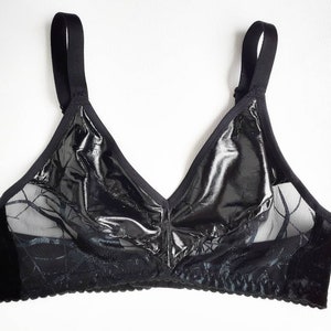 Black spiderweb bra. Velvet, mesh & pvc see thru goth soft cup bralette. Wire free handmade to order lingerie image 8