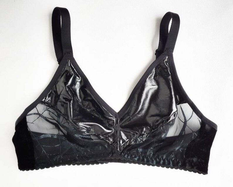 Black spiderweb bra. Velvet, mesh & pvc see thru goth soft cup bralette. Wire free handmade to order lingerie image 8