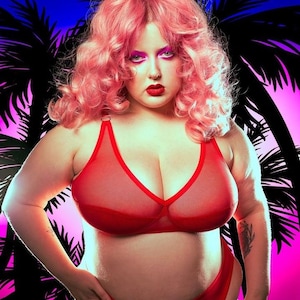 Peut inclure: Une femme aux cheveux roses porte un soutien-gorge en mesh rouge et des sous-vêtements assortis. L'arrière-plan est une image floue de palmiers et d'un coucher de soleil.