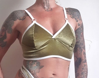 Green velvet KALI bralette. Soft velvet lounge wear. Wire free, natural shape bra top. Handmade to order lingerie in your size.