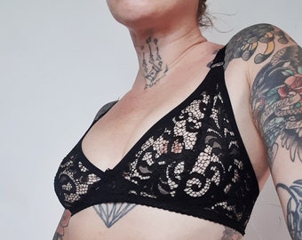 Black floral lace TOUCH sheer bra. See thru wire free soft cup bralette. Custom size. Handmade to order in your size sexy lingerie.