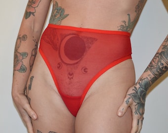 Red see thru FAITH mesh thong. Comfort fit high waist underwear. Handmade to order sexy sheer lingerie.